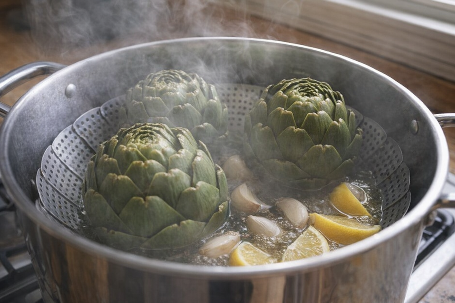 Artichokes steaming in a pot with a steamer basket, steam rising, garlic cloves and lemon wedges visible in the water, medium shot, natural light